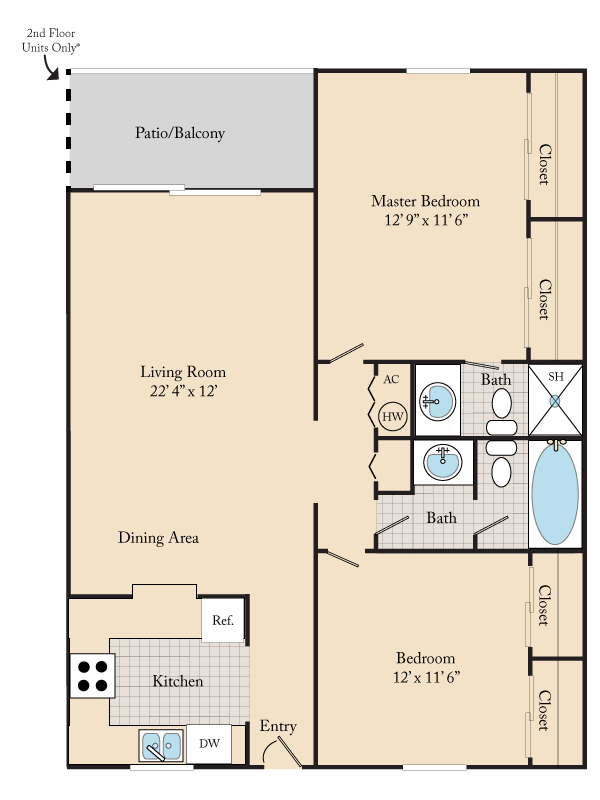 Floor plan for 2 beds, 2 baths, 950 sqft